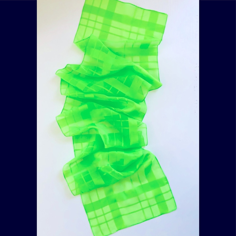 VtG 80sNeon green sheer woven tone on tone plaid Scarf 10 x 56